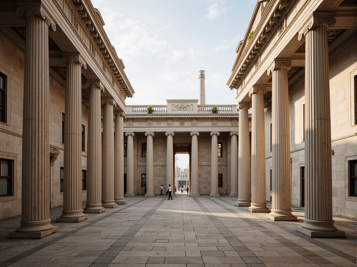 Prompt: Grandiose neoclassical buildings, imposing columns, ornate capitals, fluted shafts, Corinthian order, architraves, pediments, symmetrical facades, limestone materials, weathered stone textures, classical proportions, harmonious balance, natural light, soft warm illumination, shallow depth of field, 3/4 composition, panoramic view, realistic renderings, ambient occlusion.