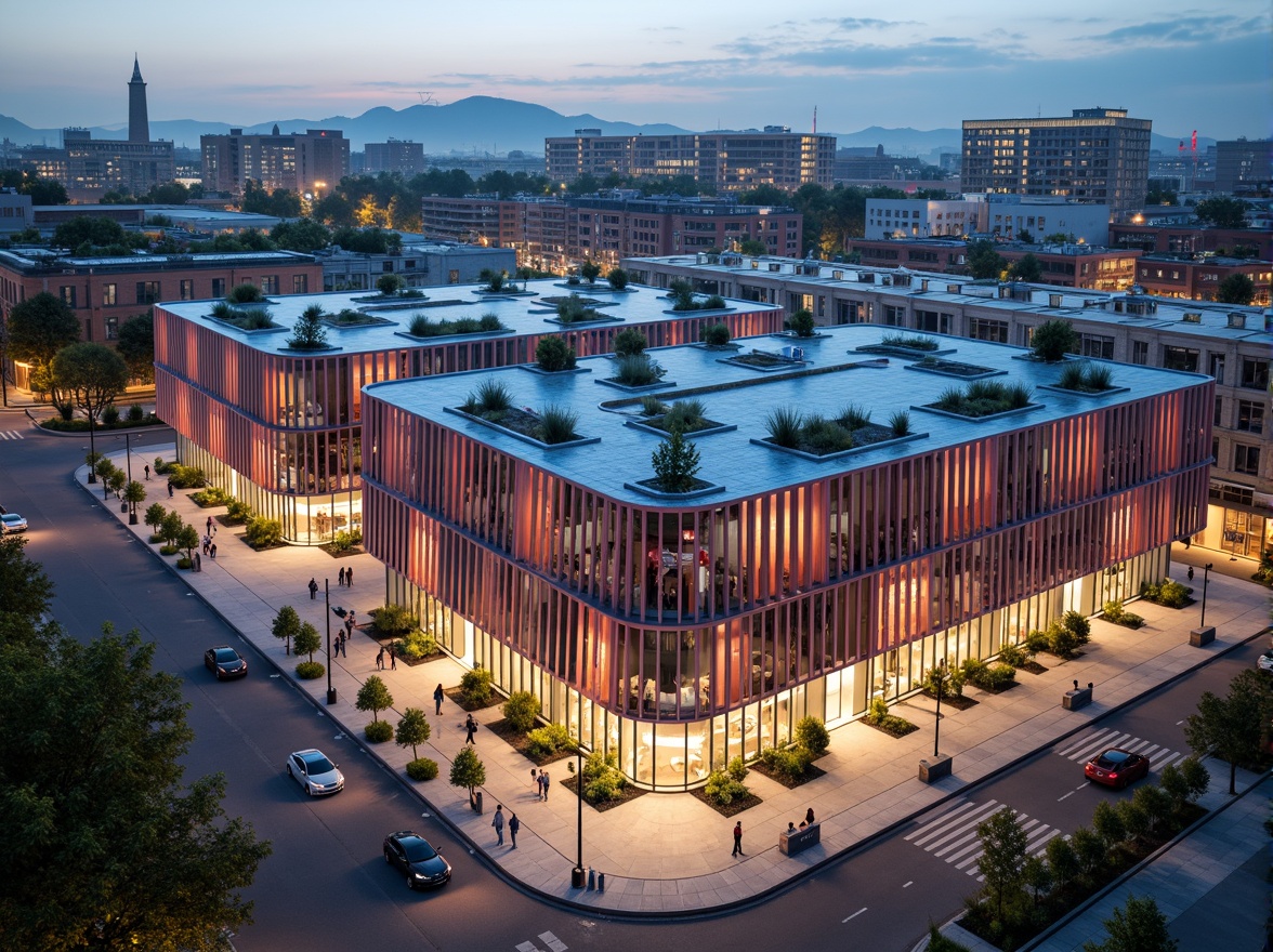 Prompt: Vibrant distribution center, social housing complex, modern innovative fa\u00e7ades, dynamic LED lighting, geometric patterns, angular lines, metallic materials, industrial-chic architecture, urban landscape, busy streets, pedestrian walkways, public art installations, green roofs, solar panels, wind turbines, eco-friendly materials, minimalist design, functional layouts, natural ventilation systems, abundant natural light, soft warm ambiance, shallow depth of field, 1/2 composition, realistic textures, ambient occlusion.