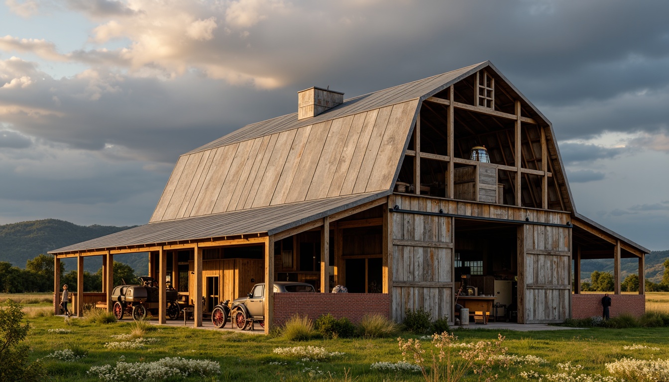 Prompt: Rustic barn, wooden beams, exposed rafters, metal roofing, vintage farm equipment, hayloft storage, sliding barn doors, worn brick foundation, distressed wood textures, earthy color palette, natural lighting, soft warm ambiance, shallow depth of field, 2/3 composition, realistic rust effects, ambient occlusion, dramatic cloud formations, rural landscape, rolling hills, wildflower fields.