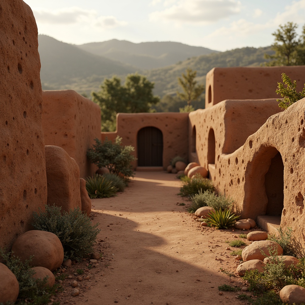 Prompt: Earthy mud walls, rough tactile textures, natural brown color palette, organic shapes, irregular forms, rustic charm, countryside landscape, rolling hills, serene atmosphere, soft warm lighting, shallow depth of field, 1/1 composition, realistic mud materials, ambient occlusion, detailed normal maps.