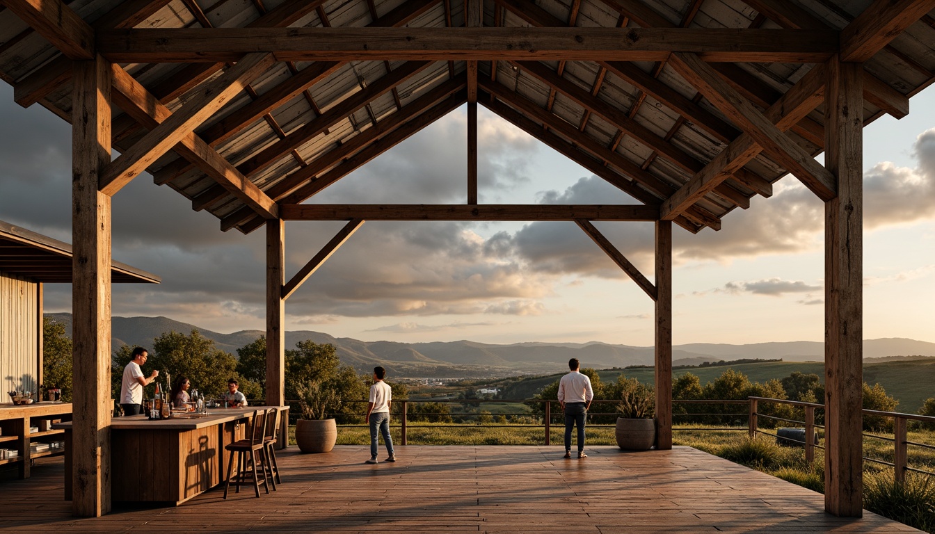 Prompt: Rustic barns, wooden trusses, exposed beams, metal roofing, corrugated cladding, weathered wood accents, earthy tones, natural textures, rural landscapes, rolling hills, vast open skies, dramatic cloud formations, warm golden lighting, shallow depth of field, 1/1 composition, symmetrical framing, bold lines, geometric shapes, distressed finishes, vintage agricultural tools, worn leather details, cozy interior nooks.