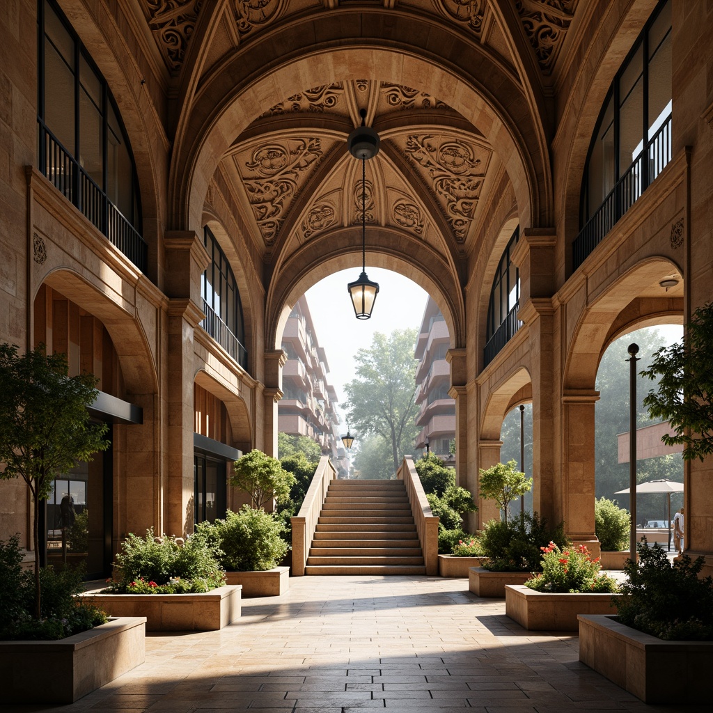 Prompt: Grand Romanesque metro station, ornate stone archways, rusticated columns, intricate carvings, majestic vaulted ceilings, warm earthy tones, lush greenery, vibrant flowers, natural stone flooring, ornamental fountains, grand staircases, elegant lighting fixtures, subtle fog effects, shallow depth of field, 1/1 composition, realistic textures, ambient occlusion.