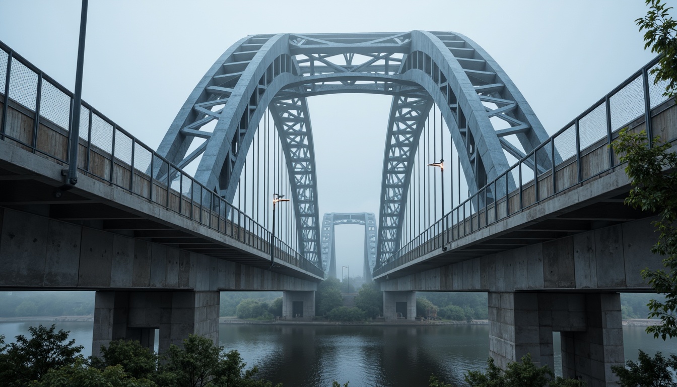 Prompt: Rugged vehicular bridge, steel arches, suspended decks, reinforced concrete piers, sturdy pillars, cantilevered sections, curved ramps, asphalt roadways, safety railings, overhead lighting, misty atmosphere, soft morning light, 1/2 composition, symmetrical framing, high-contrast textures, ambient occlusion.