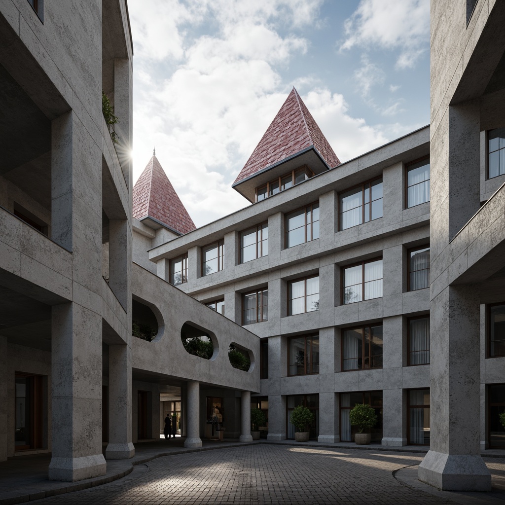 Prompt: Triangular roofs, hexagonal columns, circular arches, rectangular facades, zigzag patterns, diagonal lines, abstract shapes, modernist architecture, brutalist structures, concrete materials, industrial textures, urban cityscape, cloudy skies, dramatic shadows, high-contrast lighting, 1/1 composition, symmetrical framing, detailed renderings, realistic reflections.