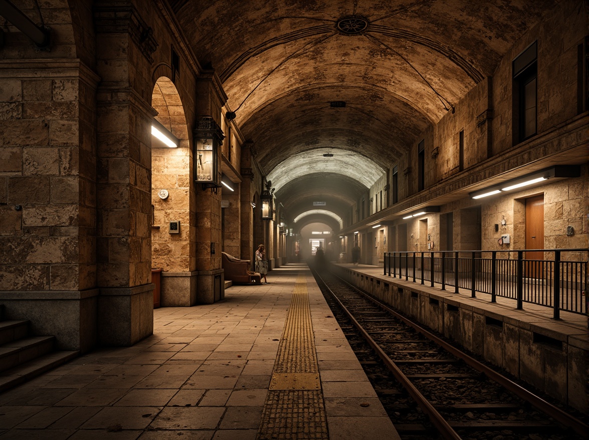 Prompt: Rustic underground metro station, ancient Romanesque architecture, sturdy stone masonry, arched ceilings, ornate columns, grand vaulted spaces, distressed brick textures, worn stone floors, metallic railings, vintage lighting fixtures, warm earthy tones, dramatic shadows, atmospheric misting, low-angle photography, 1/2 composition, cinematic ambiance, realistic materials, subtle depth of field.