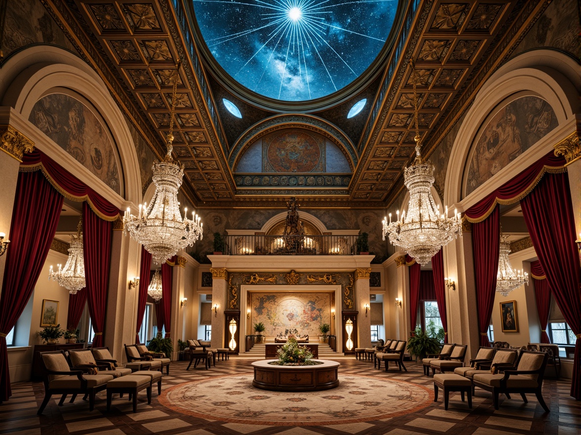 Prompt: Intricate celestial maps, ornate gold filigree, lavish crystal chandeliers, rich velvet drapes, opulent marble columns, intricate astronomical instruments, majestic dome ceiling, starry night sky, soft warm lighting, cinematic depth of field, 1/1 composition, symmetrical framing, realistic reflective surfaces, ambient occlusion, luxurious furniture, ornate carvings, gilded accents, Baroque-inspired patterns, vibrant jewel-toned colors.