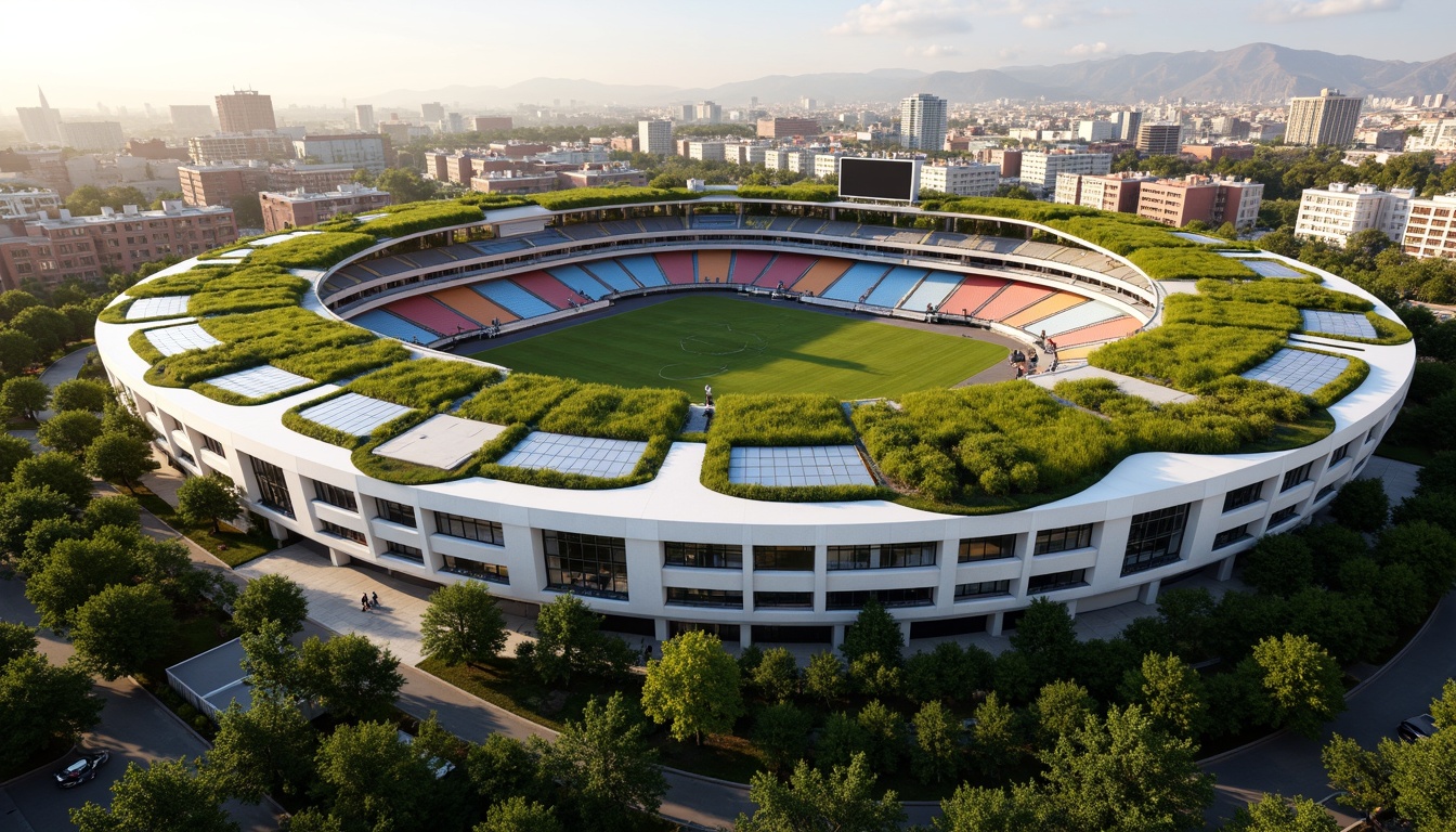 Prompt: Curved organic stadium, lush green roofs, solar panels, rainwater harvesting systems, recycled materials, natural ventilation, living walls, bio-inspired fa\u00e7ades, undulating architecture, futuristic design, dynamic lighting, atmospheric misting, vibrant colored seats, minimalist concourses, open-air plazas, surrounding botanical gardens, scenic city views, warm sunny day, soft ambient light, 1/2 composition, cinematic perspective, realistic textures, ambient occlusion.