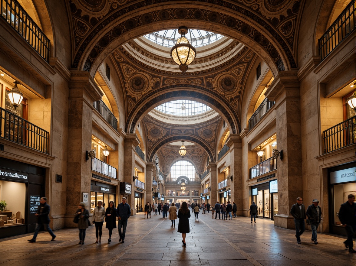 Prompt: Grand metro station, Romanesque archways, ornate stone carvings, vaulted ceilings, intricate mosaics, historic architecture, busy urban atmosphere, natural stone flooring, wrought iron railings, classic lanterns, warm ambient lighting, shallow depth of field, 1/1 composition, symmetrical framing, detailed textures, realistic reflections.