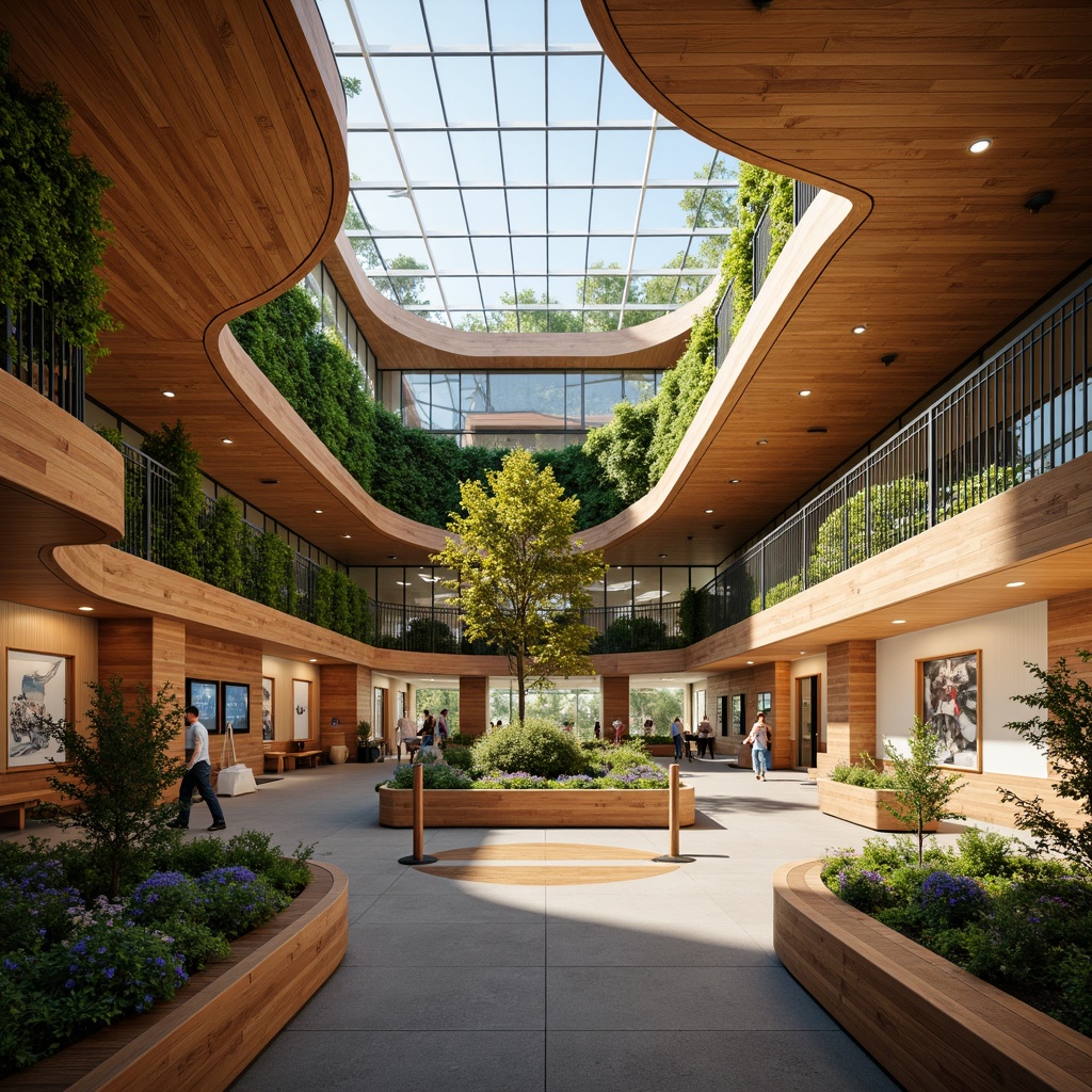 Prompt: Vibrant visitor center, warm earthy tones, natural materials, reclaimed wood accents, living green walls, organic shapes, flowing curves, abundant natural light, clerestory windows, soft diffused lighting, educational exhibits, interactive displays, immersive experiences, modern minimalist design, bold color blocking, contrasting textures, dynamic patterns, 1/2 composition, shallow depth of field, panoramic views, realistic renderings, ambient occlusion.