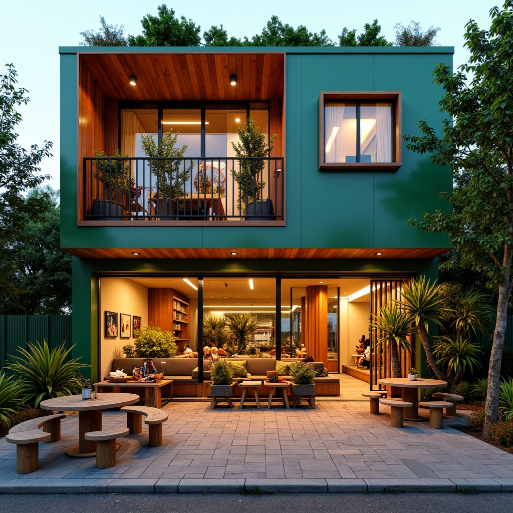 Prompt: Vibrant restaurant facade, social housing architecture, warm earthy tones, wooden accents, green walls, living plants, modern minimalist design, floor-to-ceiling windows, sliding glass doors, cozy outdoor seating, rustic wooden benches, soft warm lighting, shallow depth of field, 1/1 composition, panoramic view, realistic textures, ambient occlusion.