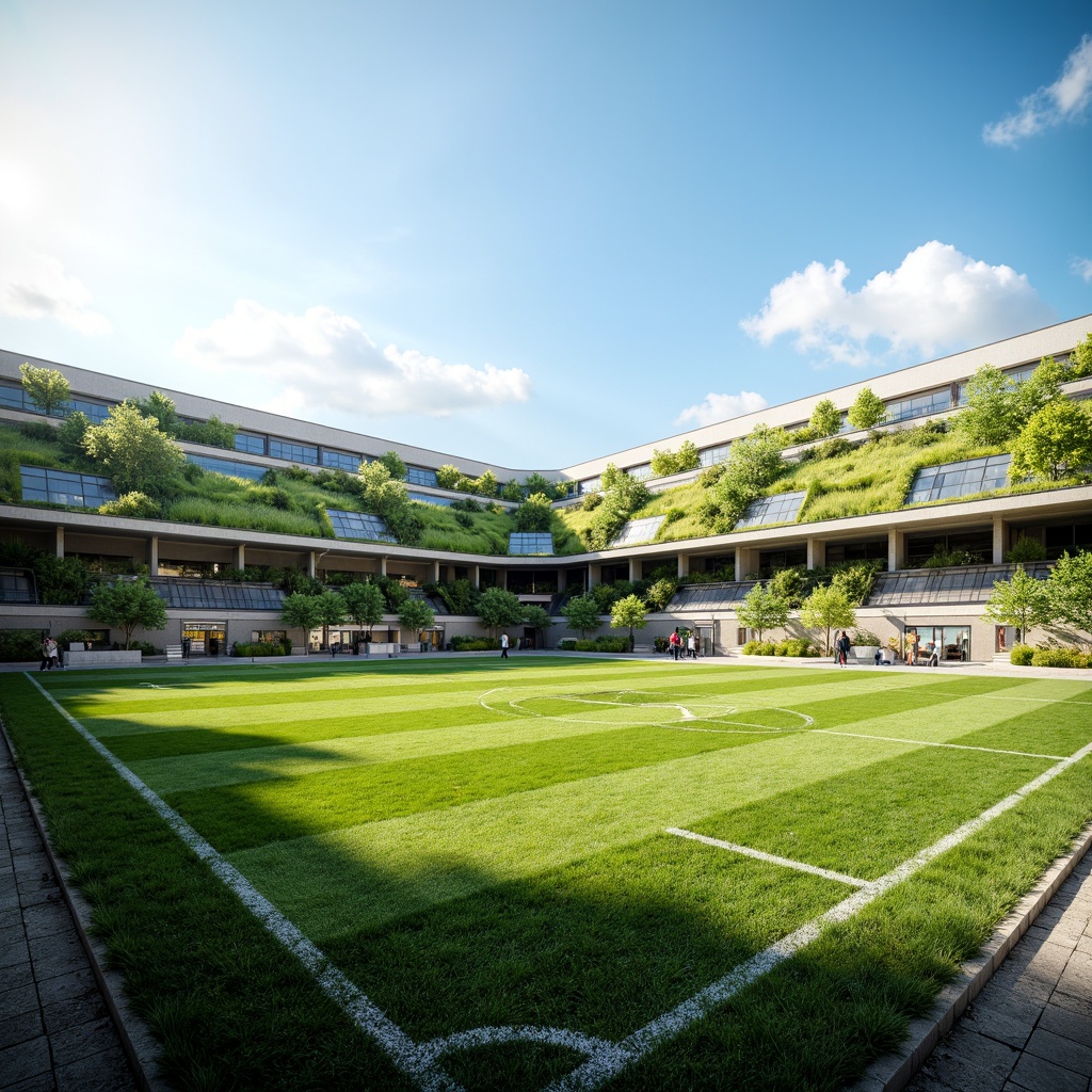 Prompt: Eco-friendly football stadium, lush green roofs, recycled rainwater harvesting system, solar panels, wind turbines, natural ventilation systems, energy-efficient LED lighting, sustainable building materials, minimalist design, angular lines, modern architecture, vast open space, clear blue sky, warm sunny day, soft natural lighting, shallow depth of field, 3/4 composition, panoramic view, realistic textures, ambient occlusion.