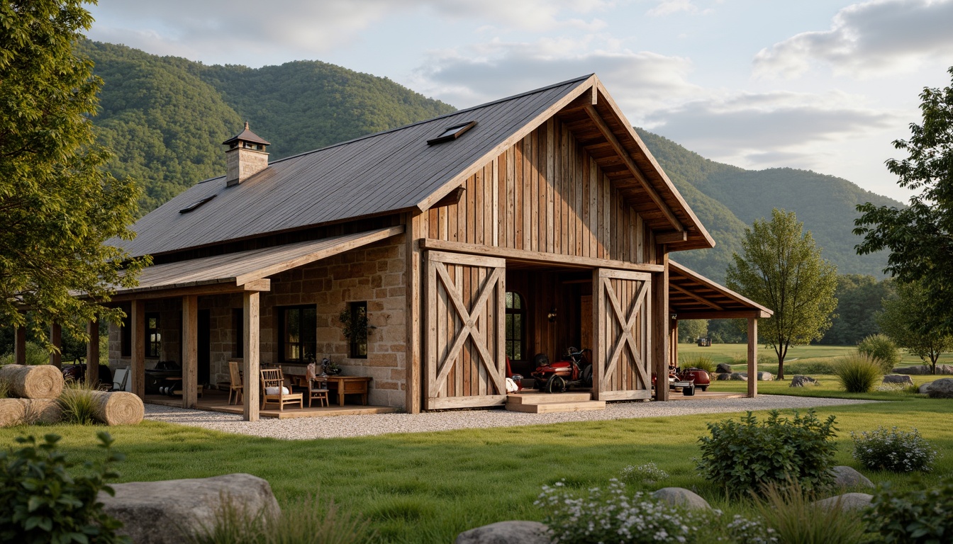 Prompt: Rustic barn, wooden beams, earthy tones, natural stone walls, corrugated metal roofs, vintage farm equipment, rolling hills, lush green pastures, wildflowers, rural landscape, serene atmosphere, warm soft lighting, shallow depth of field, 1/1 composition, realistic textures, ambient occlusion, country roads, old oak trees, wooden fences, agricultural tools, hay bales, cozy interiors, exposed brick walls, wooden floors, natural ventilation systems, passive solar design.