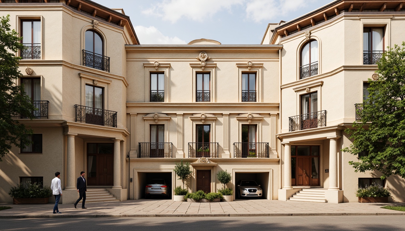 Prompt: Elegant social housing, classicism style, ornate facades, symmetrical compositions, Corinthian columns, rusticated bases, decorative cornices, arched windows, ornamental doorways, wrought iron balconies, Juliet balconettes, warm beige stucco, soft cream-colored stone, richly textured brickwork, subtle color palette, natural lighting, 1/1 composition, shallow depth of field, realistic textures, ambient occlusion.