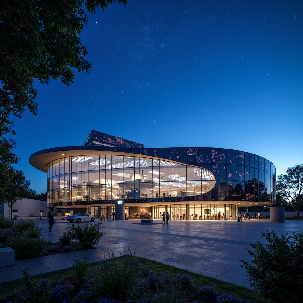 Prompt: Futuristic planetarium building, curved glass facade, LED light installation, dynamic patterns, astronomical symbols, metallic accents, sleek lines, minimalist design, cantilevered roof, open-air observatory, telescopes, starry night sky, misty atmosphere, soft blue lighting, shallow depth of field, 1/1 composition, panoramic view, realistic textures, ambient occlusion.