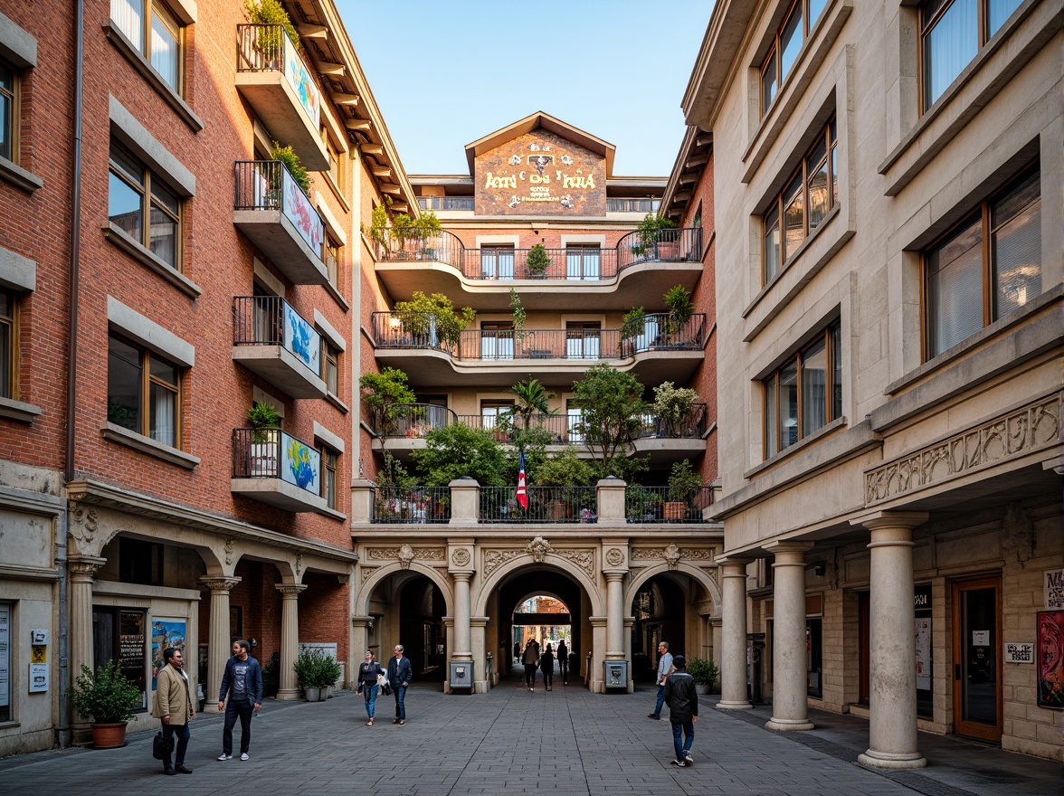 Prompt: Historic monument, ornate facades, social housing complex, brick and stone textures, rusticated base, ionic columns, grand archways, balconies with intricate metalwork, vibrant street art, urban cityscape, morning sunlight, warm color palette, shallow depth of field, 1/2 composition, symmetrical framing, detailed architectural ornaments, realistic weathering effects.