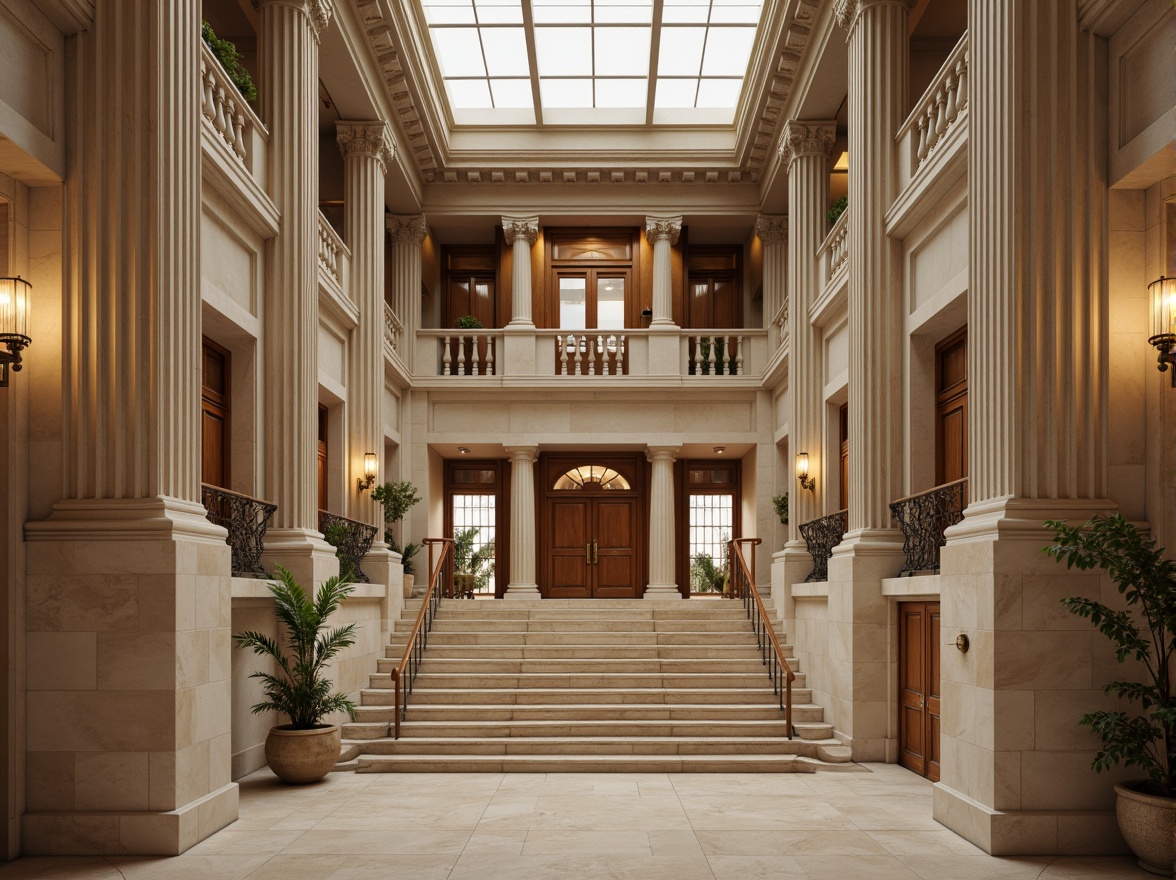 Prompt: Majestic courthouse, neoclassical architecture, symmetrical facade, Corinthian columns, ornate details, neutral beige stone walls, subtle rusticated base, rich wood accents, elegant golden lighting fixtures, stately grand staircase, high ceilings, solemn atmosphere, soft natural light, warm earthy tones, muted color palette, balanced composition, 1/2 perspective view, realistic textures, ambient occlusion.