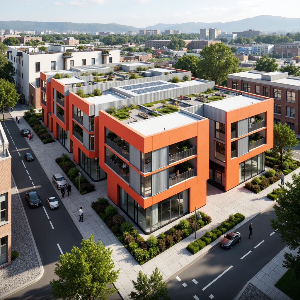 Prompt: Vibrant social housing complex, modern distribution center, innovative fa\u00e7ade design, irregular shaped buildings, bright color schemes, large glass windows, metal cladding, urban landscape, busy streets, pedestrian walkways, street lamps, green roofs, solar panels, wind turbines, eco-friendly materials, minimalist architecture, open courtyard spaces, communal gardens, public art installations, dynamic lighting systems, 1/1 composition, shallow depth of field, realistic textures.