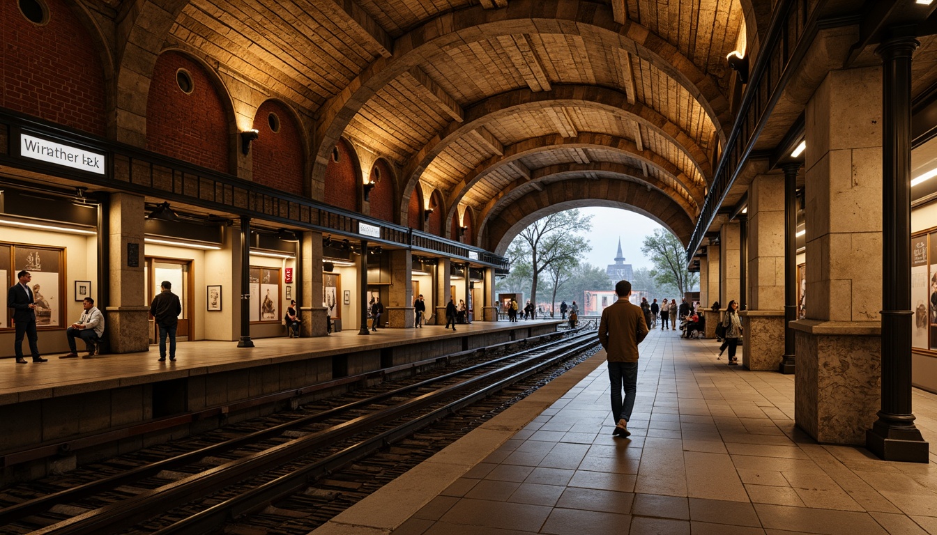 Prompt: Rustic metro station, rough-hewn stone walls, archaic vaulted ceilings, ornate granite columns, intricate brick patterns, earthy tones, warm ambient lighting, industrial metal beams, modern transportation systems, busy urban atmosphere, rush hour crowds, dynamic movement, shallow depth of field, 1/1 composition, realistic textures, ambient occlusion.