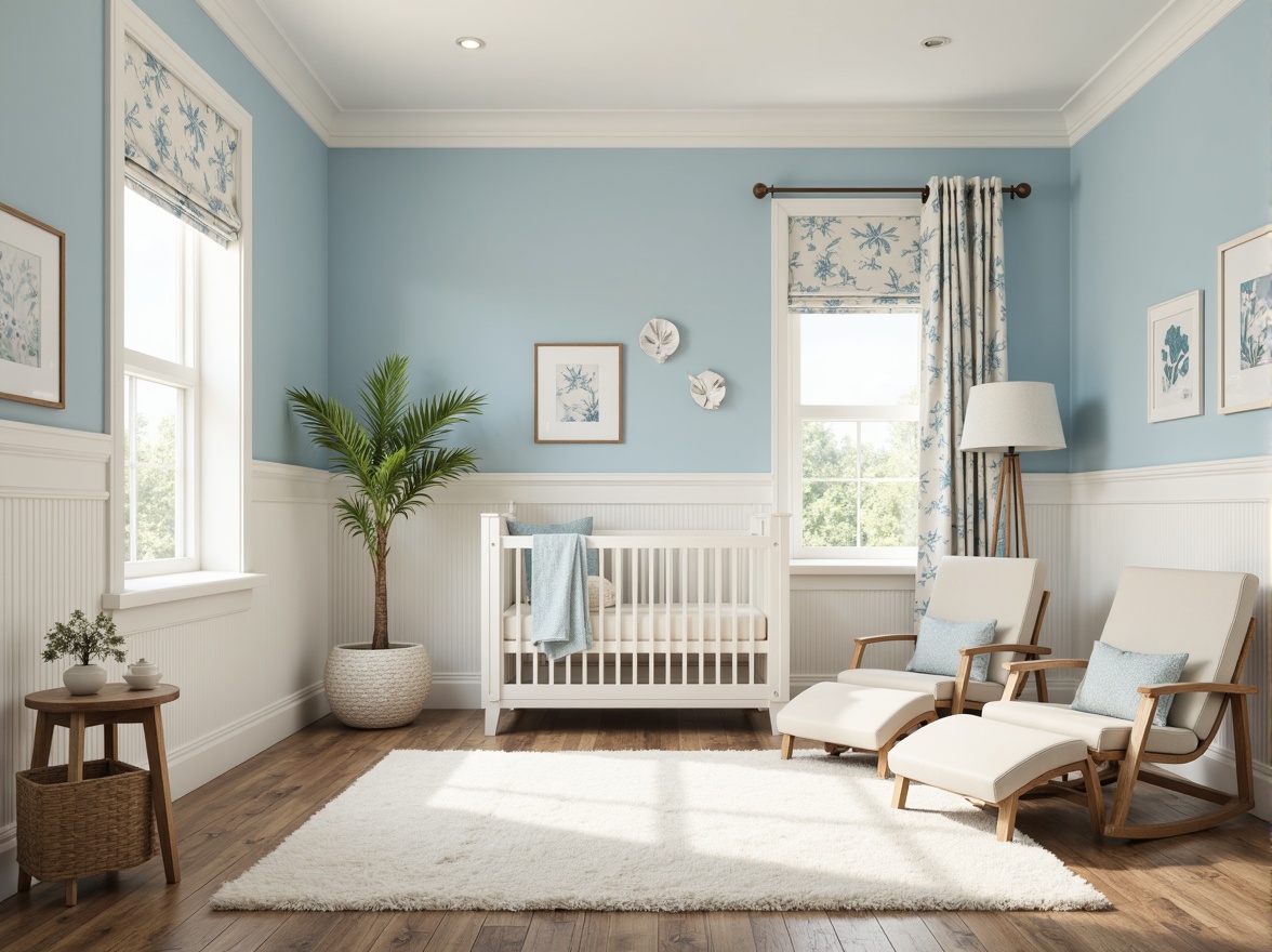 Prompt: Soft baby blue walls, creamy white trim, delicate floral patterns, gentle natural light, cozy nursery ambiance, plush area rugs, comfortable gliders, sweet crib decorations, pastel blue accents, warm beige furniture, soothing color scheme, calming atmosphere, shallow depth of field, 1/1 composition, realistic textures, ambient occlusion.