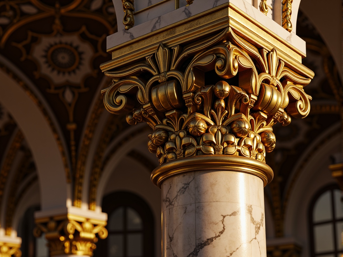 Prompt: Ornate column, golden accents, intricately carved details, floral patterns, curved silhouette, richly textured marble, ornamental capital, grandiose architecture, classical influences, highly decorative, lavish ornamentation, dramatic lighting, warm color palette, high-contrast shading, detailed normal maps, 3/4 composition, low-angle view, cinematic atmosphere.