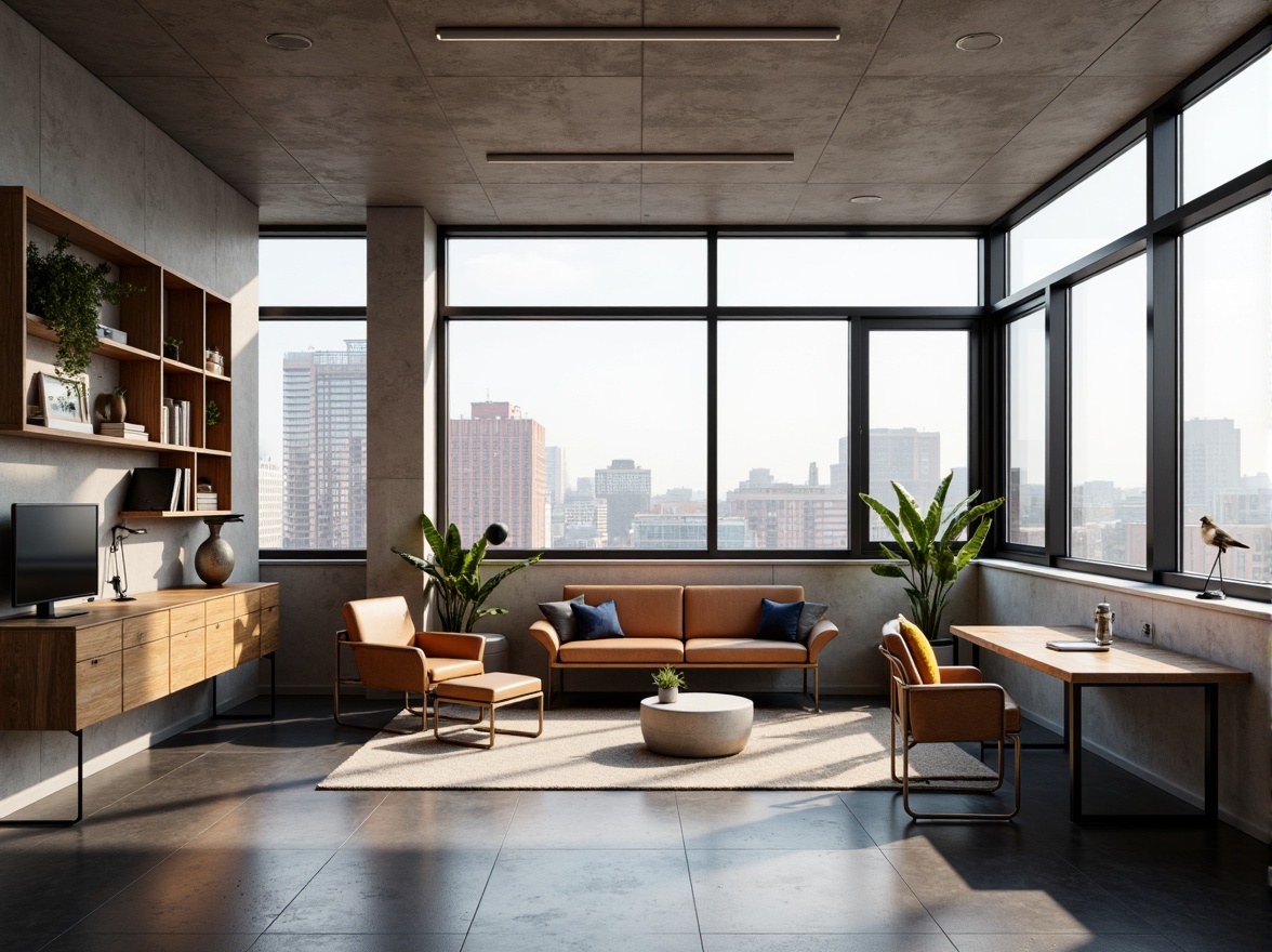 Prompt: Minimalist dorm room, geometric shapes, primary colors, functional furniture, tubular steel frames, leather upholstery, industrial textures, polished concrete floors, large windows, abundant natural light, urban cityscape views, softbox lighting, low-key shading, 1/1 composition, symmetrical arrangement, modern aesthetic appeal, clean lines, minimal ornamentation, functional simplicity.