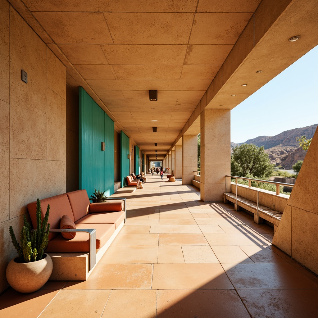 Prompt: Vibrant desert metro station, sandy beige walls, turquoise accents, warm terracotta floors, metallic silver rails, sun-bleached wooden benches, cactus-inspired planters, arid landscape views, modern minimalist architecture, angular lines, brutalist concrete structures, warm soft lighting, shallow depth of field, 1/2 composition, realistic textures, ambient occlusion.Let me know if this meets your requirements!