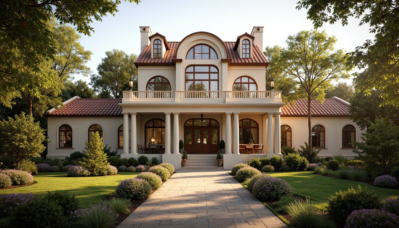 Prompt: Grand classical mansion, ornate facade, symmetrical composition, majestic entrance, stone columns, carved wooden doors, stained glass windows, terra cotta roofing, curved dormer windows, decorative chimneys, lush greenery, blooming flowers, natural stone pathways, serene ambiance, warm golden lighting, shallow depth of field, 1/1 composition, realistic textures, ambient occlusion.