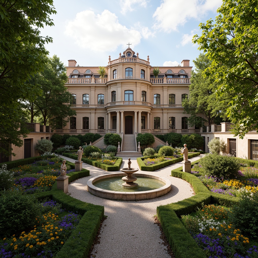 Prompt: Ornate baroque palace, grand fountain, lush greenery, vibrant flowerbeds, intricately carved stone statues, ornamental hedges, meandering pathways, rustic stone walls, decorative iron gates, symmetrical garden design, serene water features, soft warm lighting, shallow depth of field, 3/4 composition, panoramic view, realistic textures, ambient occlusion.