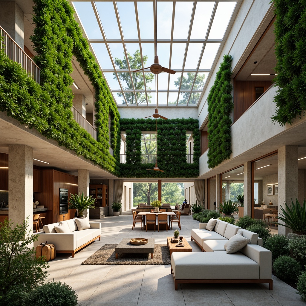 Prompt: Airy atriums, spacious living rooms, floor-to-ceiling windows, sliding glass doors, minimalist interiors, natural stone flooring, wooden accents, green walls, vertical gardens, open-plan kitchens, dining areas, cozy reading nooks, abundant natural light, soft warm ambiance, shallow depth of field, 3/4 composition, panoramic views, realistic textures, ambient occlusion, modern housing architecture, sustainable building materials, energy-efficient systems, eco-friendly appliances, innovative ventilation technologies.