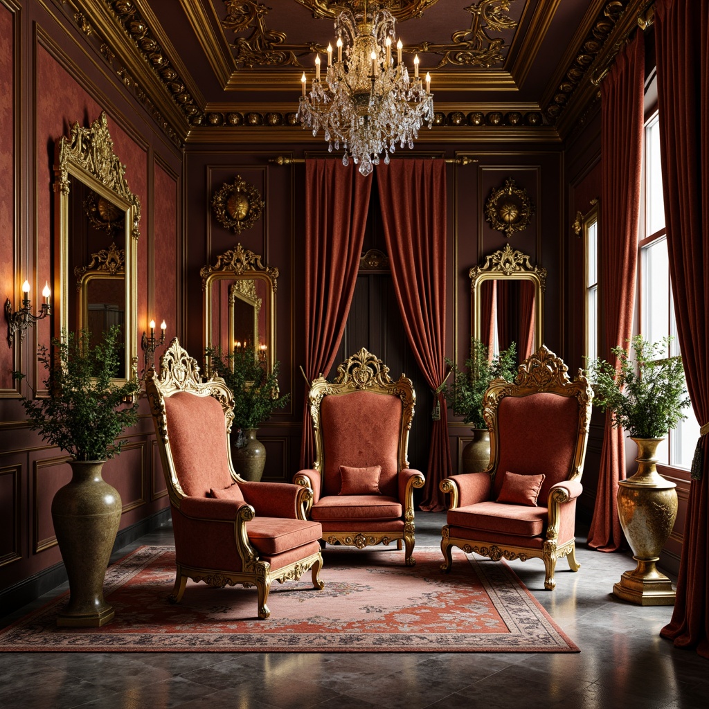 Prompt: Ornate throne chairs, velvet upholstery, gilded frames, intricate carvings, crystal chandeliers, lavish drapery, rich tapestries, grandiose mirrors, ornamental vases, marble floors, golden accents, luxurious fabrics, regal colors, dramatic lighting, low-key shadows, 1/2 composition, Dutch angle shot, warm color palette, realistic textures, ambient occlusion.