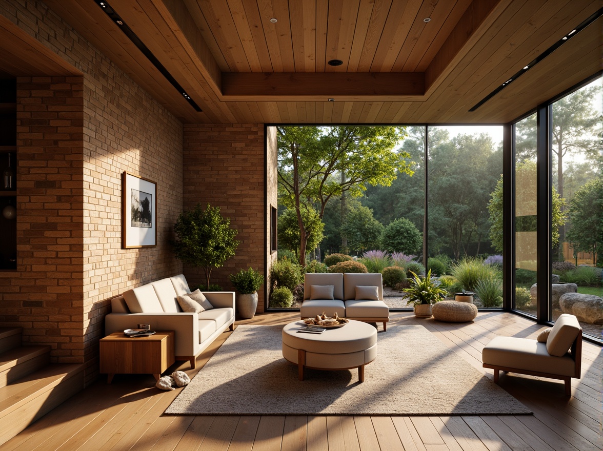 Prompt: Cozy residential interior, natural wood flooring, earthy tone walls, comfortable furnishings, plush carpets, soft warm lighting, textured brick exterior, modern minimalist architecture, large windows, sliding glass doors, lush greenery surroundings, serene atmosphere, 1/2 composition, shallow depth of field, realistic materials, ambient occlusion.