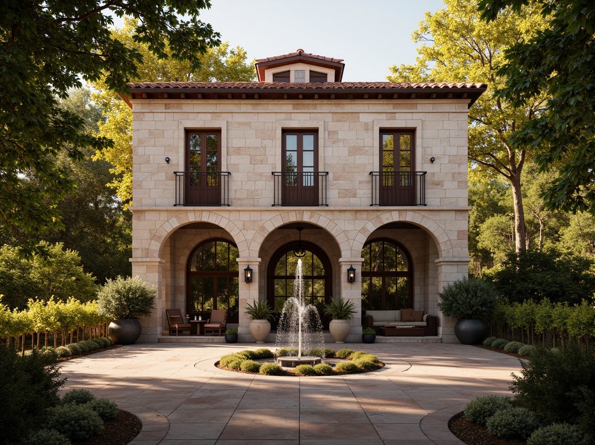 Prompt: Renaissance-style winery facade, rustic stone walls, arched windows, ornate wooden doors, vintage metal lanterns, curved balconies, terracotta roof tiles, lush green vines, sprawling gardens, tranquil fountain, warm golden lighting, soft focus effect, 1/2 composition, dramatic shadows, rich textures, atmospheric mist.Please let me know if this meets your requirements!