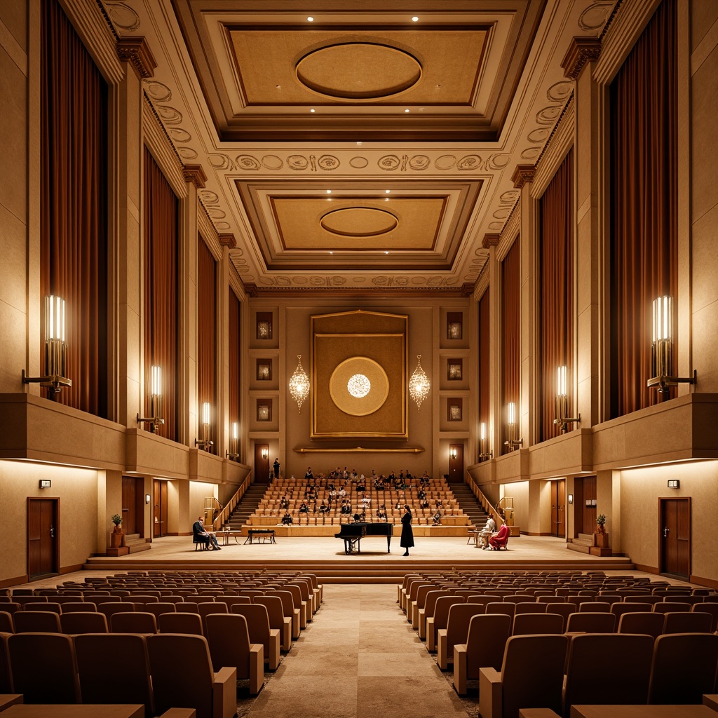 Prompt: Elegant concert hall, rich wood tones, polished wooden floors, warm beige walls, soft golden lighting, classic architectural details, ornate chandeliers, luxurious velvet curtains, refined acoustic panels, sophisticated sound systems, grand pianos, comfortable seating areas, intimate performance spaces, warm earthy colors, subtle texture contrasts, 1/1 composition, shallow depth of field, softbox lighting, realistic reflections.