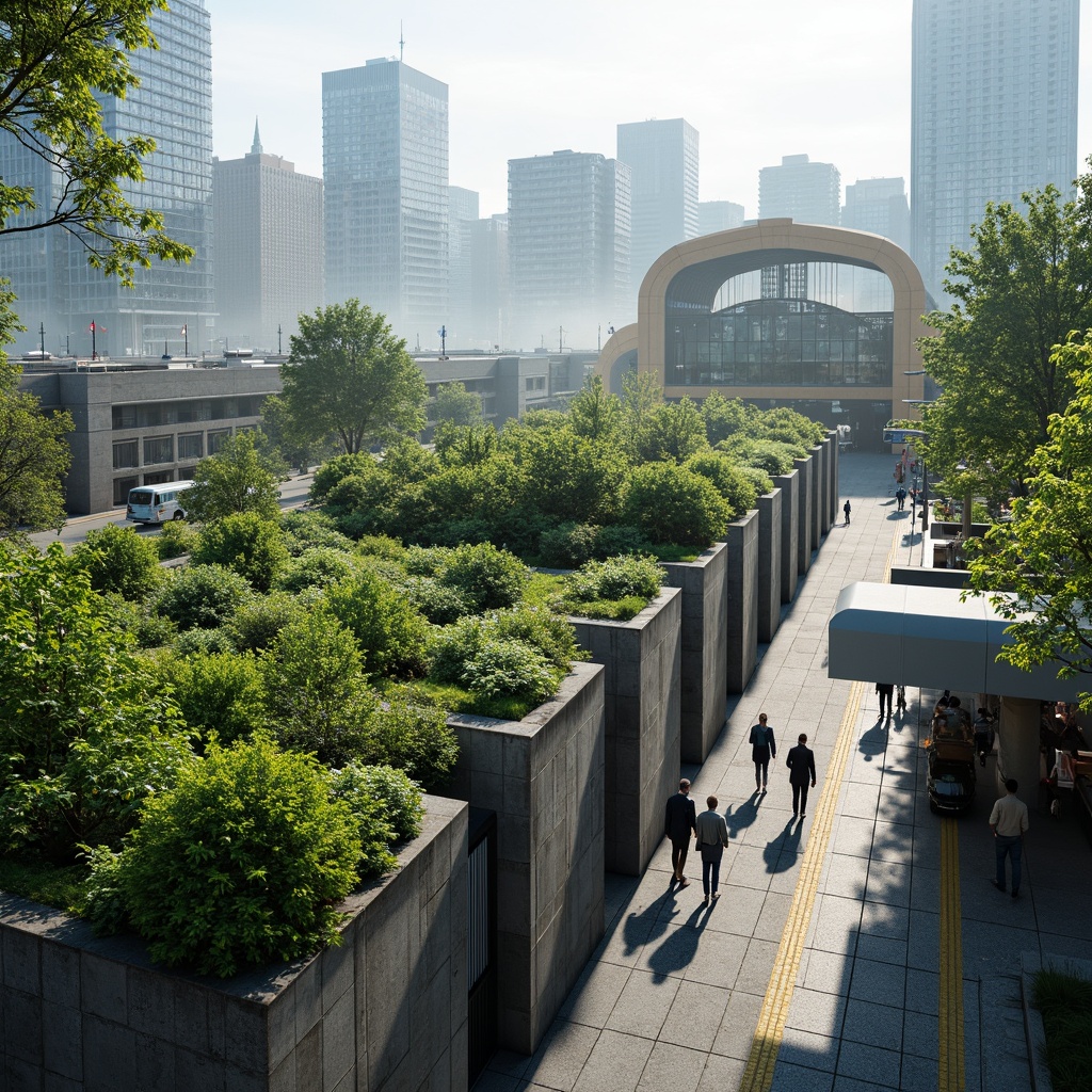 Prompt: Vibrant green roofs, lush vegetation, natural stone walls, modern train station architecture, large glass facades, sleek metal structures, dynamic lighting systems, misty atmosphere, shallow depth of field, 3/4 composition, panoramic view, realistic textures, ambient occlusion, busy urban surroundings, cityscape views, pedestrian walkways, bicycle lanes, eco-friendly transportation hubs, sustainable energy solutions, innovative ventilation systems, comfortable waiting areas, stylish furniture designs.