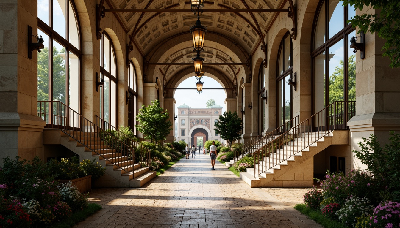 Prompt: Grand metro station, Romanesque arches, ornate stone carvings, lush greenery, vibrant flowers, rustic cobblestone pavement, antique bronze fixtures, elegant lanterns, intricately patterned tiles, majestic staircases, vaulted ceilings, natural stone walls, subtle warm lighting, soft focus, 1/2 composition, symmetrical framing, realistic textures, ambient occlusion.