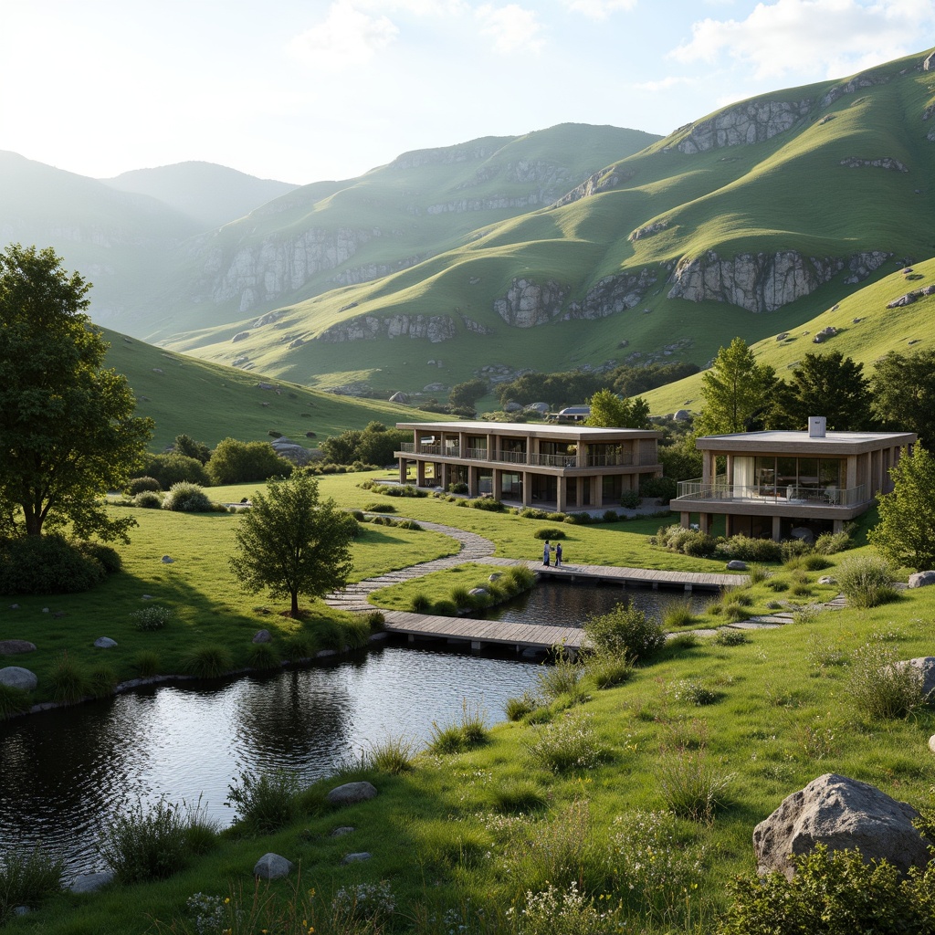 Prompt: Sweeping hills, lush green meadows, serene lakeside, rustic wooden bridges, natural stone pathways, modern minimalist architecture, cantilevered roofs, floor-to-ceiling windows, sliding glass doors, panoramic views, harmonious color palette, soft warm lighting, 3/4 composition, realistic textures, ambient occlusion, eco-friendly materials, sustainable energy solutions, green roofs, water conservation systems, innovative cooling technologies, shaded outdoor spaces, misting systems.