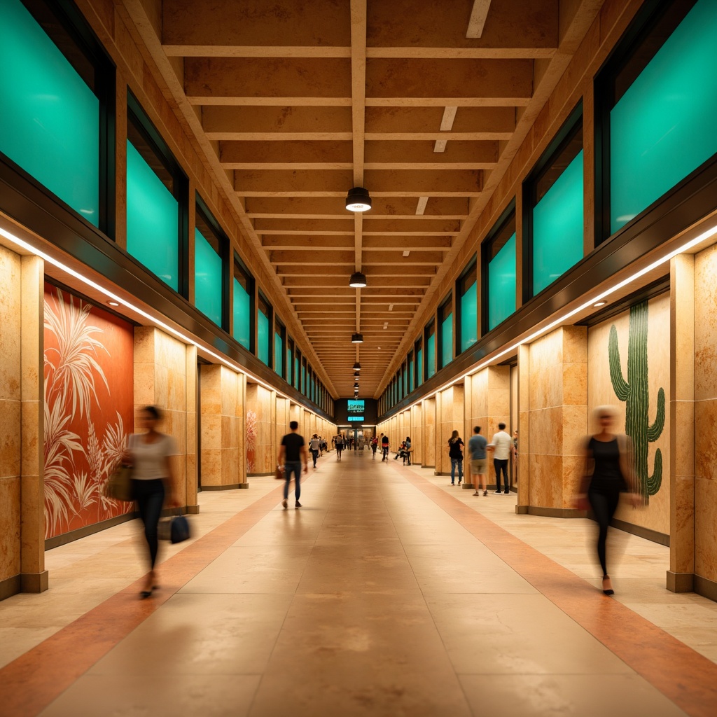 Prompt: \Vibrant desert metro station, warm beige stonework, terracotta accents, sandy dunes-inspired flooring, turquoise glass mosaics, cactus-green metal beams, arid landscape murals, warm LED lighting, shallow depth of field, 1/2 composition, symmetrical architecture, modern minimalist design, industrial materials, urban oasis atmosphere, soft focus blur, natural textures, ambient occlusion.\