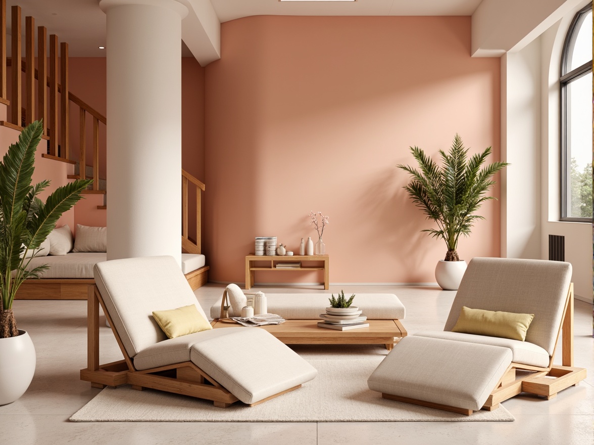 Prompt: Vibrant modern interior, sleek minimalist furniture, pastel color scheme, soft peach tones, creamy whites, rich wood accents, metallic silver hardware, natural textiles, subtle patterns, ambient warm lighting, shallow depth of field, 3/4 composition, realistic textures, atmospheric perspective.