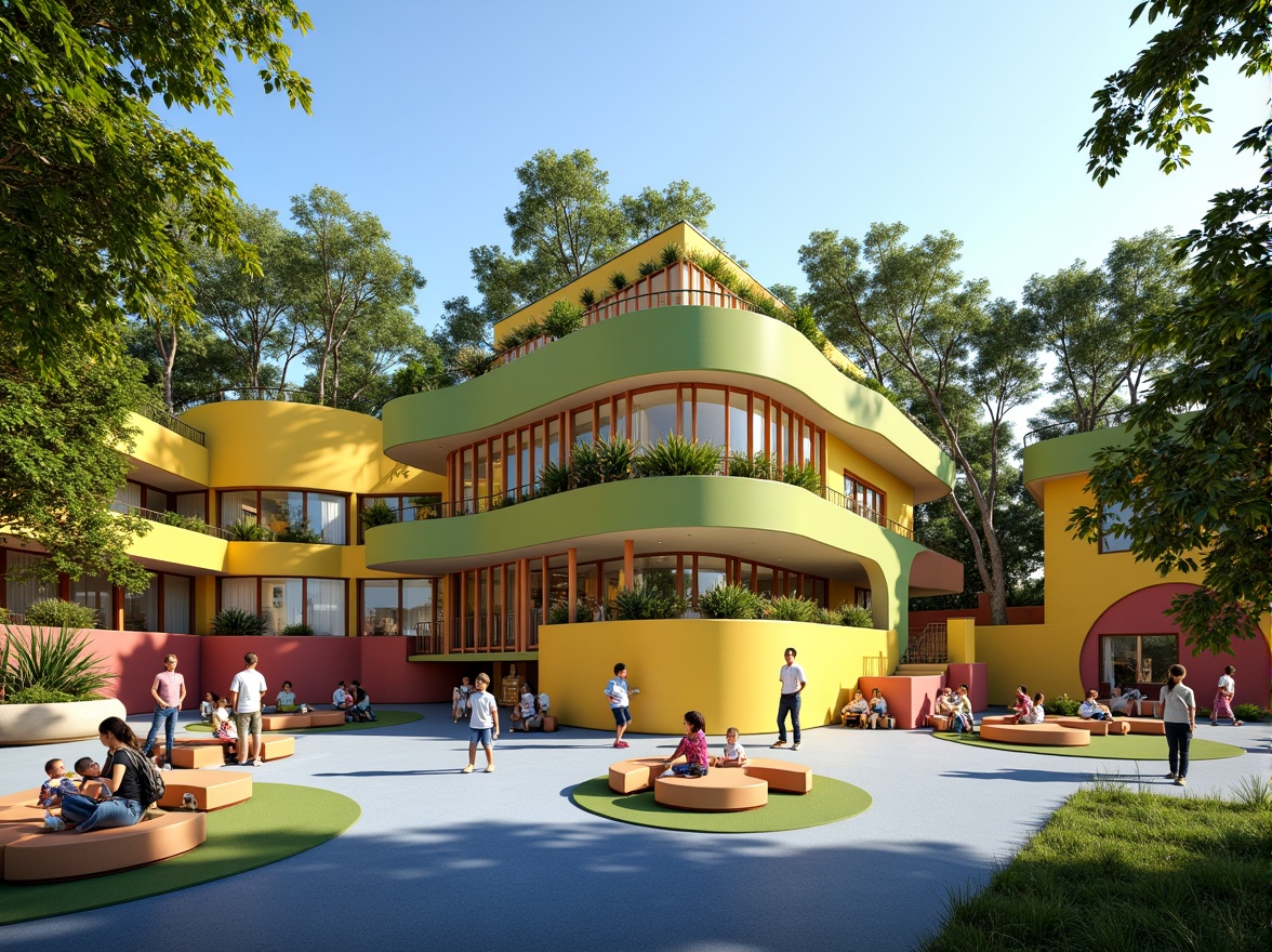 Prompt: Vibrant kindergarten building, curved lines, bright colors, playful patterns, green rooftops, vertical gardens, natural ventilation systems, energy-efficient design, sustainable materials, wooden accents, cozy reading nooks, circular playgrounds, rubberized flooring, educational signage, interactive exhibits, urban forest surroundings, mature trees, walking trails, community engagement spaces, public art installations, dynamic street lighting, afternoon sunlight, shallow depth of field, 1/1 composition, realistic textures, ambient occlusion.