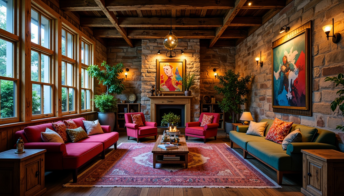 Prompt: Vibrant bohemian interior, rich velvet fabrics, distressed wood accents, metallic gold lighting fixtures, ornate antique furniture, eclectic patterned rugs, bold colorful artwork, lush greenery, natural stone walls, industrial metal beams, reclaimed wooden crates, soft warm candlelight, shallow depth of field, 1/2 composition, realistic textures, ambient occlusion.