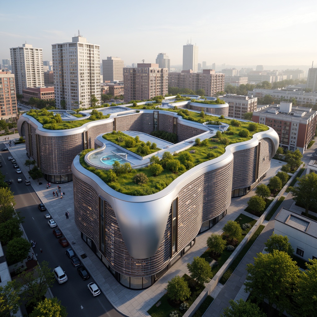 Prompt: Vibrant distribution center, social housing complex, modern innovative fa\u00e7ades, dynamic curvaceous lines, iridescent glass panels, LED lighting installations, sleek metallic surfaces, urban rooftop gardens, bustling cityscape, morning sunlight, shallow depth of field, 1/1 composition, symmetrical architecture, eco-friendly materials, sustainable energy solutions, green roofs, solar panels, wind turbines, water conservation systems, minimalist design, Arabic-inspired patterns, intricate geometric motifs.