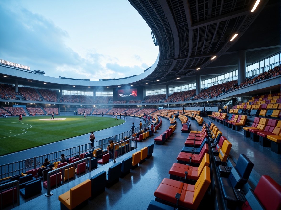 Prompt: Stadium seating area, curved rows of chairs, vibrant colored cushions, sleek metal frames, ergonomic design, elevated platforms, panoramic views, atmospheric lighting, misty evening air, shallow depth of field, 3/4 composition, realistic textures, ambient occlusion, dynamic shadows, futuristic architecture, cantilevered roofs, angular lines, minimalist aesthetic, luxurious VIP sections, comfortable reclining seats, personalized armrests, integrated technology interfaces.