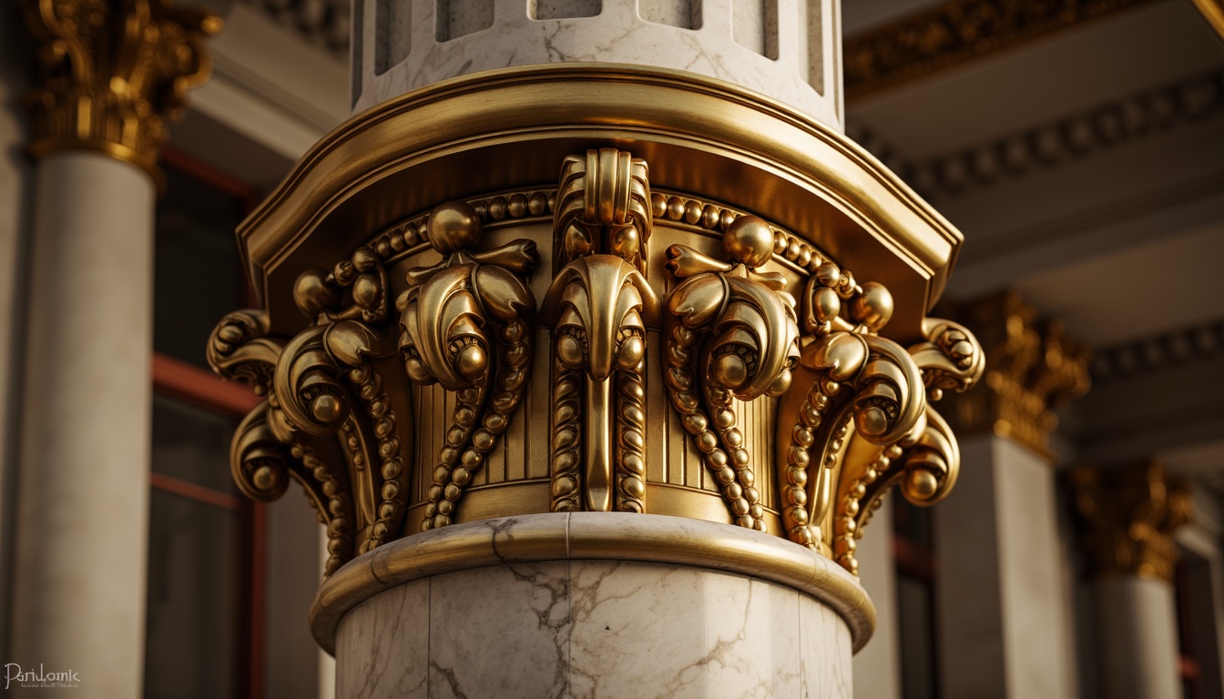 Prompt: Ornate column capital, intricately carved acanthus leaves, fluted shaft, ornamental volutes, gilded details, luxurious marble base, richly textured stone, majestic architectural element, grandiose interior space, dramatic vertical emphasis, soft warm lighting, shallow depth of field, 1/1 composition, realistic textures, ambient occlusion.