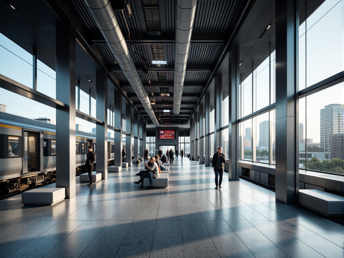 Prompt: Sleek modern train station, stainless steel columns, polished granite floors, high-gloss acrylic panels, LED lighting strips, futuristic signage, minimalist benches, industrial-style metal beams, exposed ductwork, urban cityscape, busy commuter atmosphere, soft diffused lighting, shallow depth of field, 2/3 composition, dynamic camera angles, realistic reflections, ambient occlusion.