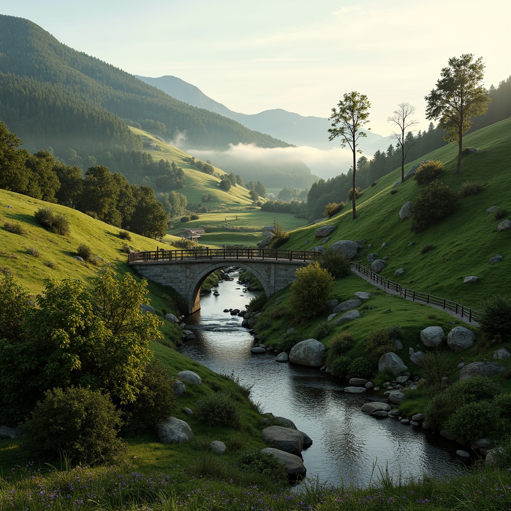 Prompt: \Seamless valley integration, lush green hillsides, winding streams, rustic stone bridges, wooden fences, rural landscapes, rolling terrains, misty mornings, warm sunlight, soft focus, atmospheric perspective, 1/2 composition, cinematic view, realistic foliage, ambient occlusion, earthy tones, natural textures, organic forms, harmonious coexistence.\