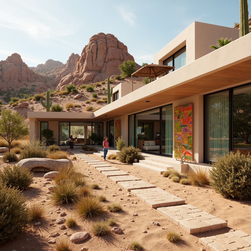 Prompt: Earthy desert landscape, sandy dunes, cacti silhouettes, warm beige tones, terracotta reds, burnt oranges, turquoise accents, metallic silver lines, modern angular architecture, sleek glass surfaces, abstract geometric patterns, vibrant colorful textiles, intricate mosaic tiles, ambient soft lighting, shallow depth of field, 3/4 composition, realistic textures, panoramic view.