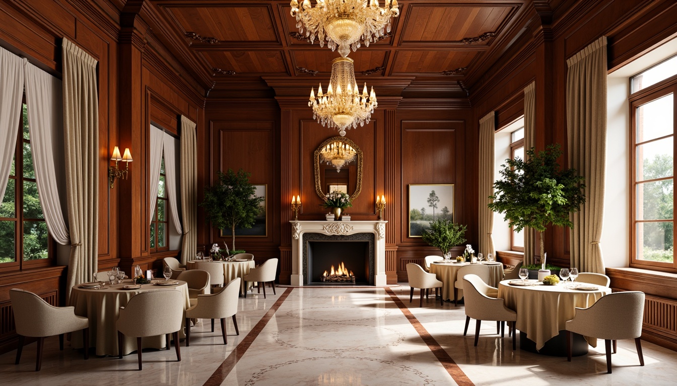 Prompt: Rich wood paneling, luxurious velvet drapes, polished marble floors, ornate chandeliers, elegant wooden tables, comfortable cushioned chairs, lavish gold accents, soft warm lighting, cozy fireplace, grand high ceilings, intricate moldings, refined ceramics, exquisite glassware, delicate lace tablecloths, inviting aromas, warm beige tones, sophisticated ambiance, realistic reflections, shallow depth of field, 1/1 composition, panoramic view.