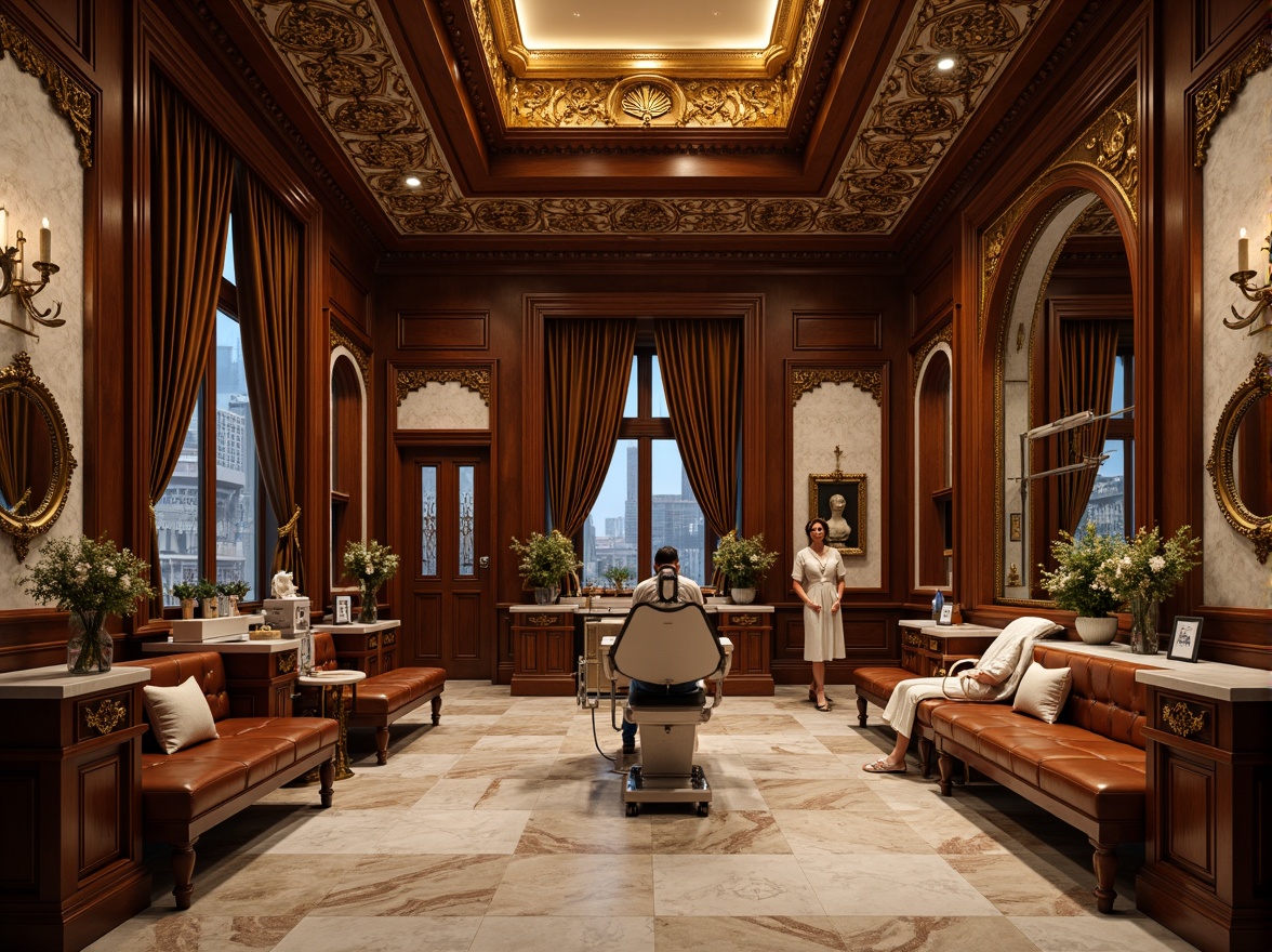 Prompt: Luxurious dental clinic, ornate wooden paneling, rich leather upholstery, marble flooring, intricate stone carvings, gilded accents, velvet drapes, ornamental mirrors, Renaissance-inspired furnishings, warm golden lighting, soft focus, shallow depth of field, 1/2 composition, elegant curves, classic architectural details, refined textures, ambient occlusion.