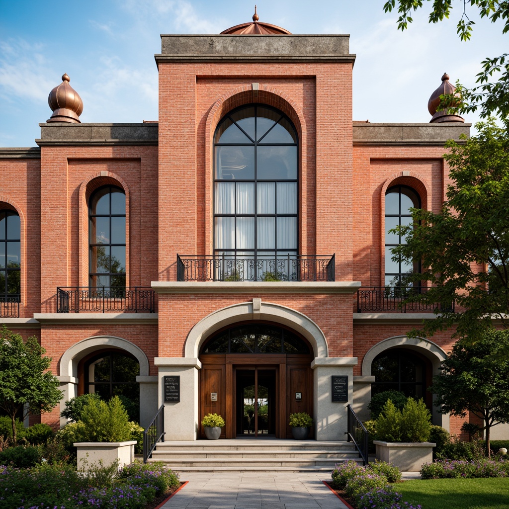 Prompt: Rustic brick facade, geometric shapes, bold color accents, industrial metal details, ornate tile patterns, grand entrance archways, symmetrical composition, classical columns, arched windows, textured stucco walls, weathered copper roofs, lush greenery, vibrant flowers, educational signage, natural stone pathways, soft warm lighting, shallow depth of field, 3/4 composition, realistic textures, ambient occlusion.Let me know if you need any adjustments!