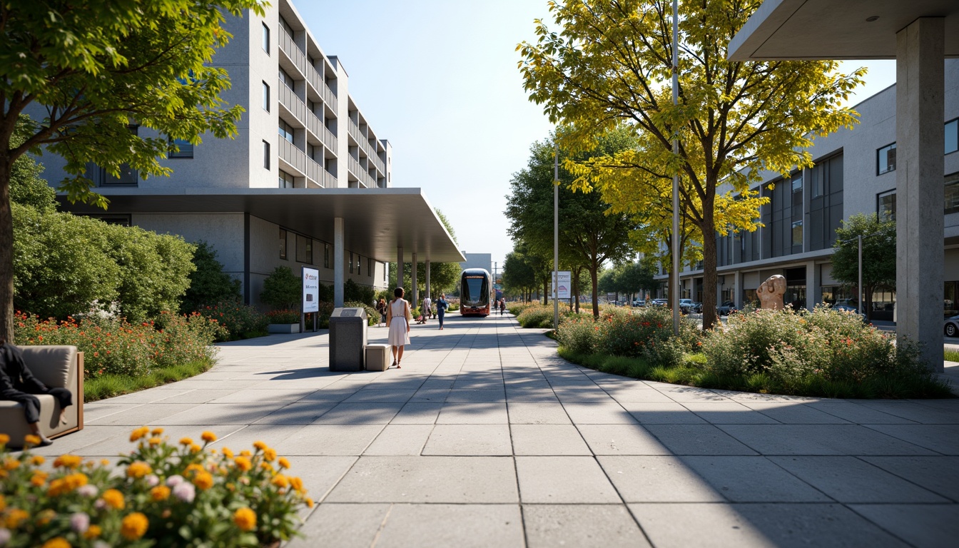 Prompt: Urban tram station, modern transportation hub, lush greenery, vibrant flowers, pedestrian walkways, bike lanes, public art installations, street furniture, urban benches, metal railings, concrete pavement, natural stone accents, overhead canopies, LED lighting systems, shallow depth of field, 3/4 composition, panoramic view, realistic textures, ambient occlusion.